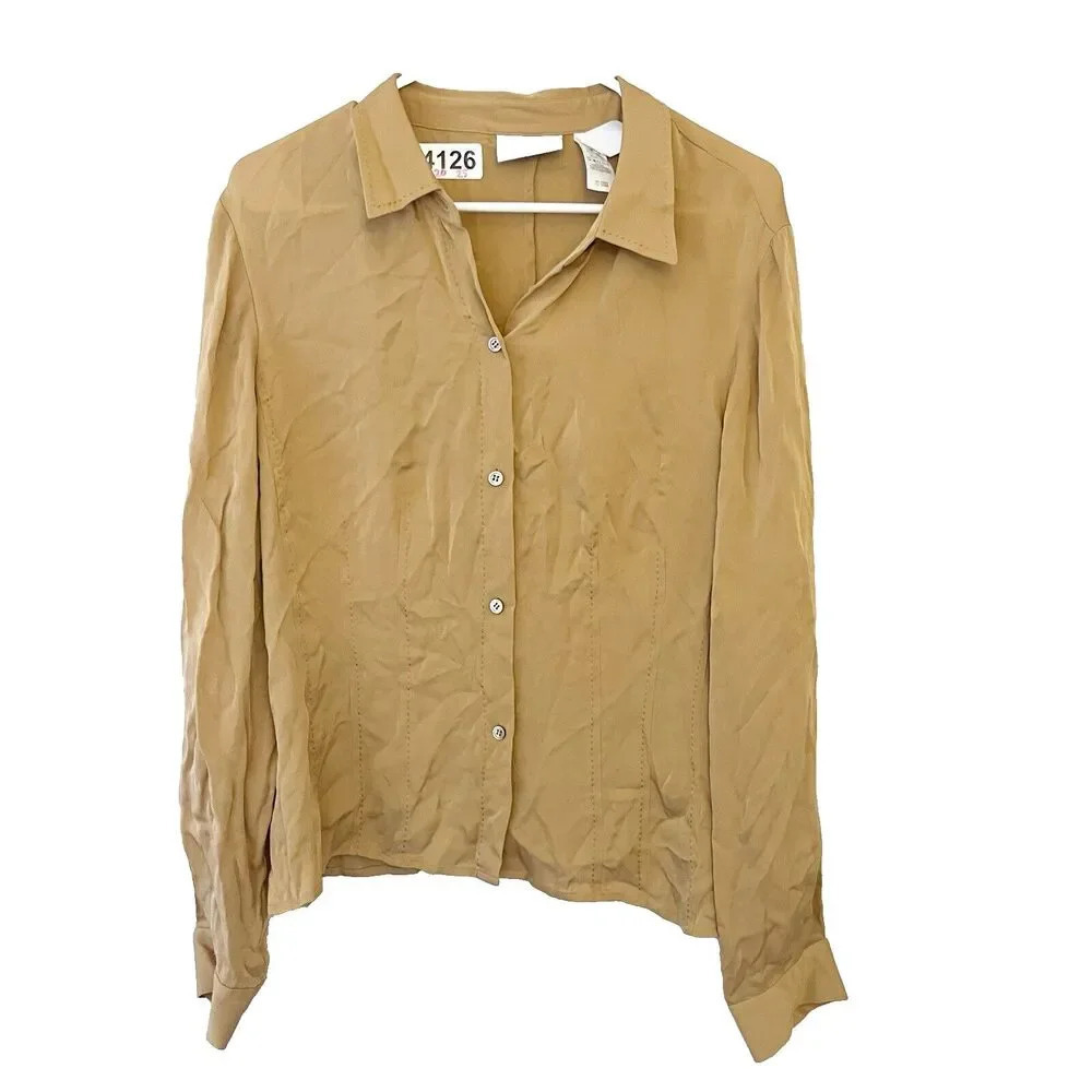 Vtg Liz Claiborne Brown Silk Blouse 12 Women’s Button Up Neutral Classic Minimal